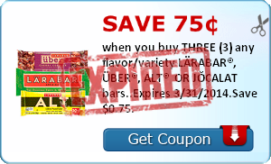 Save 75¢ when you buy THREE (3) any flavor/variety LÄRABAR®, ÜBER®, ALT®  OR JOCALAT bars..Expires 3/31/2014.Save $0.75.