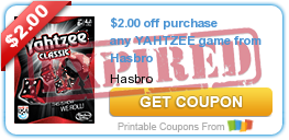 $2.00 off purchase any YAHTZEE game from Hasbro