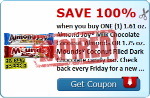 Save 100% when you buy ONE (1) 1.61 oz. Almond Joy® Milk Chocolate Coconut & Almonds OR 1.75 oz. Mounds® Coconut Filled Dark Chocolate candy bar. Check back every Friday for a new Freebie! .Expires 10/12/2014.Save 100%.