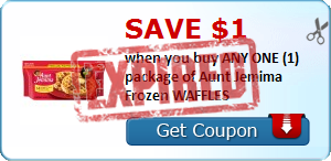 Save $1.00 when you buy ANY ONE (1) package of Aunt Jemima Frozen WAFFLES